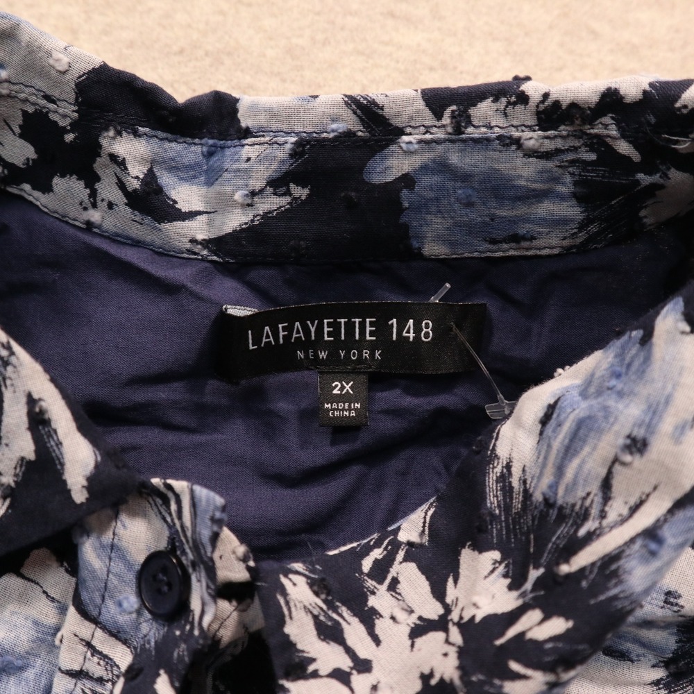 Lafayette 148 Top 2X Floral Button Down Modern Cotton Clip Dot Short Sleeve - Picture 3 of 7